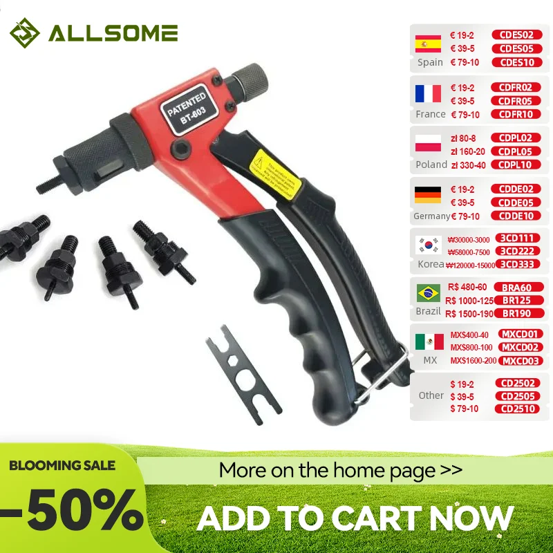 ALLSOME – Pistola remachadora manual BT-603, kit de herramientas de remachado a mano, tuerca de remache, herramienta de ajuste, tuerca cortadora M3/M4/M5/M6