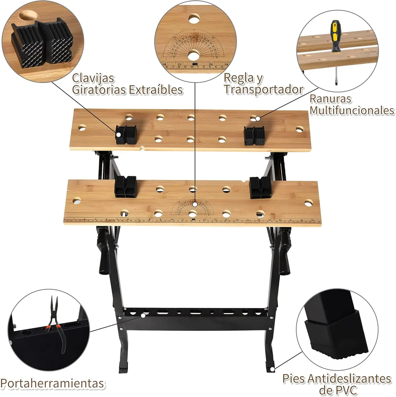 Banco de Trabajo Plegable Portátil con Tableros Ajustables en Ángulo y Distancia Bambú y Acero Carga Máx. 150 kg 63,5x60,