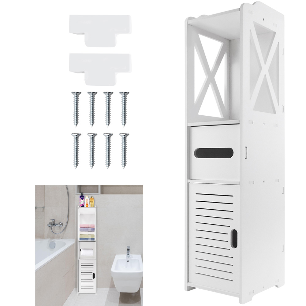 Badezimmer-Bodenschrank, freistehender, schmaler Badezimmerschrank mit Papierhandtuch, Schublade und Schrank, Aufbewahrungsorganisator, Wohnmöbel
