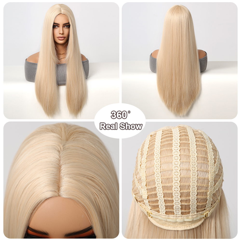 Loira dourada perucas sintéticas longo cabelo reto peruca natural para mulheres parte média perucas cosplay festa resistente ao calor cabelo falso