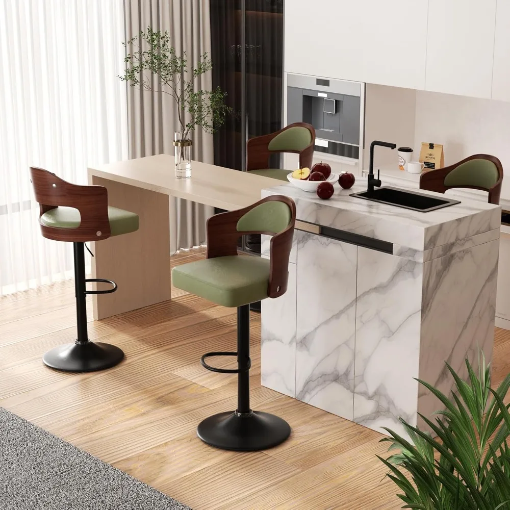 Swivel Bar Stools Set of 4 Seat Adjustable Height 24.5-33.5IN, Wooden Barstools PU Leather Upholstered Bar Chairs with Back & Fo