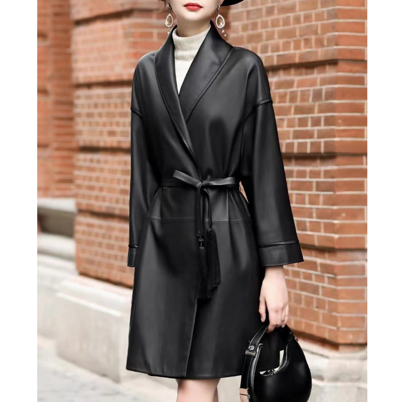 Julypalette 2024 Herbst V-ausschnitt Aus Echtem Leder Mittlere Länge Graben Frauen Mode Spitze-up Gürtel Damen Schwarz Schaffell Graben mäntel