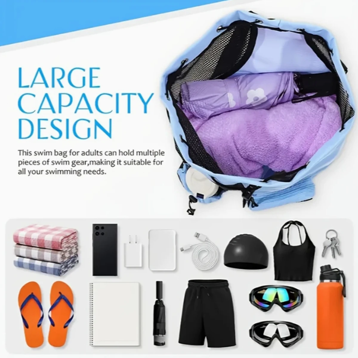 Outdoor beach backpack, swimming bag, mesh perforated drawstring backpack with wet bag, gym yoga exercise storage bag, 1 set