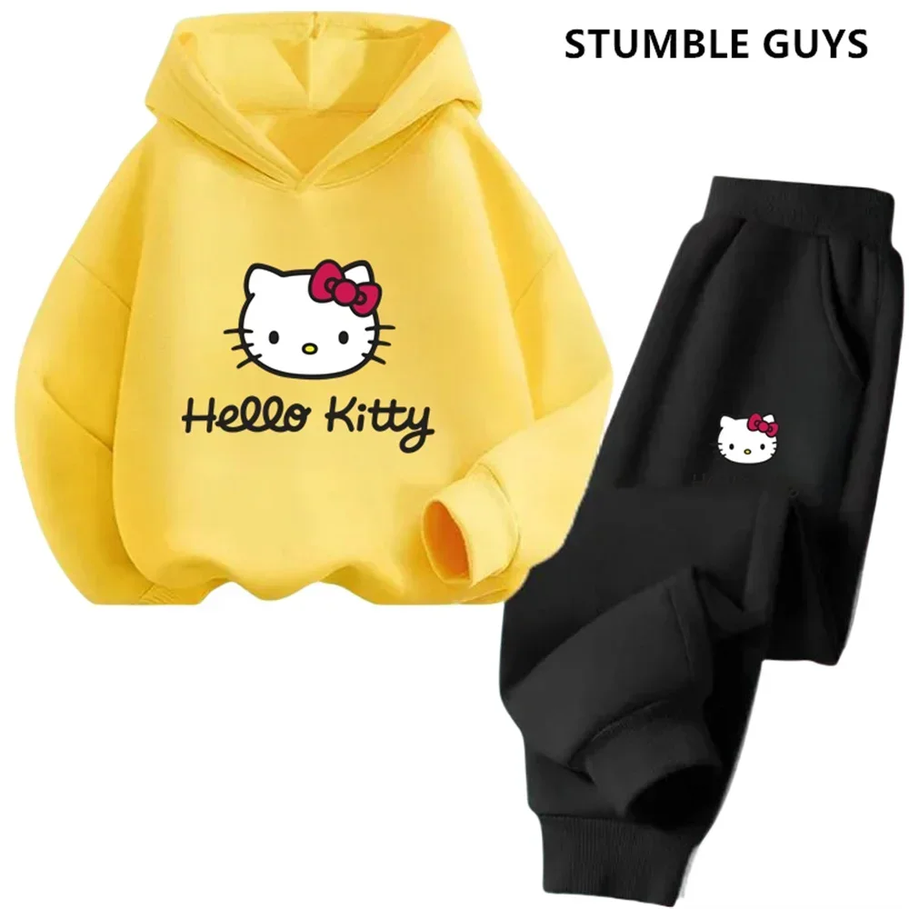 Kawaii Helloキティフーディーセット女の子、アニメパーカー、子供用パンツ、ティーントラックスーツ、幼児服、スポーツスーツ、2個、2022