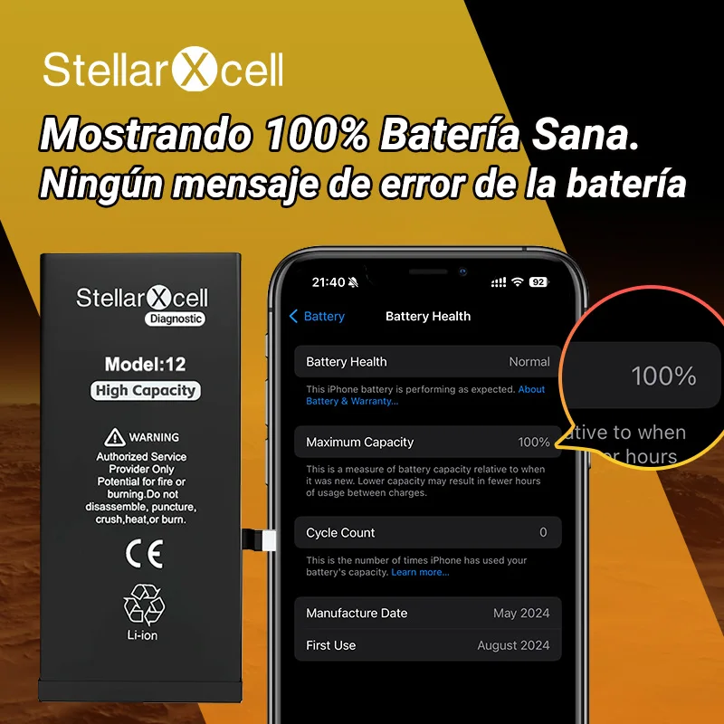 La batería de diagnóstico StellarXcell muestra una pieza genuina sin mensaje emergente para iphone 12 13 Pro max 14 Plus 15Pro max 14Pro 12 13mini