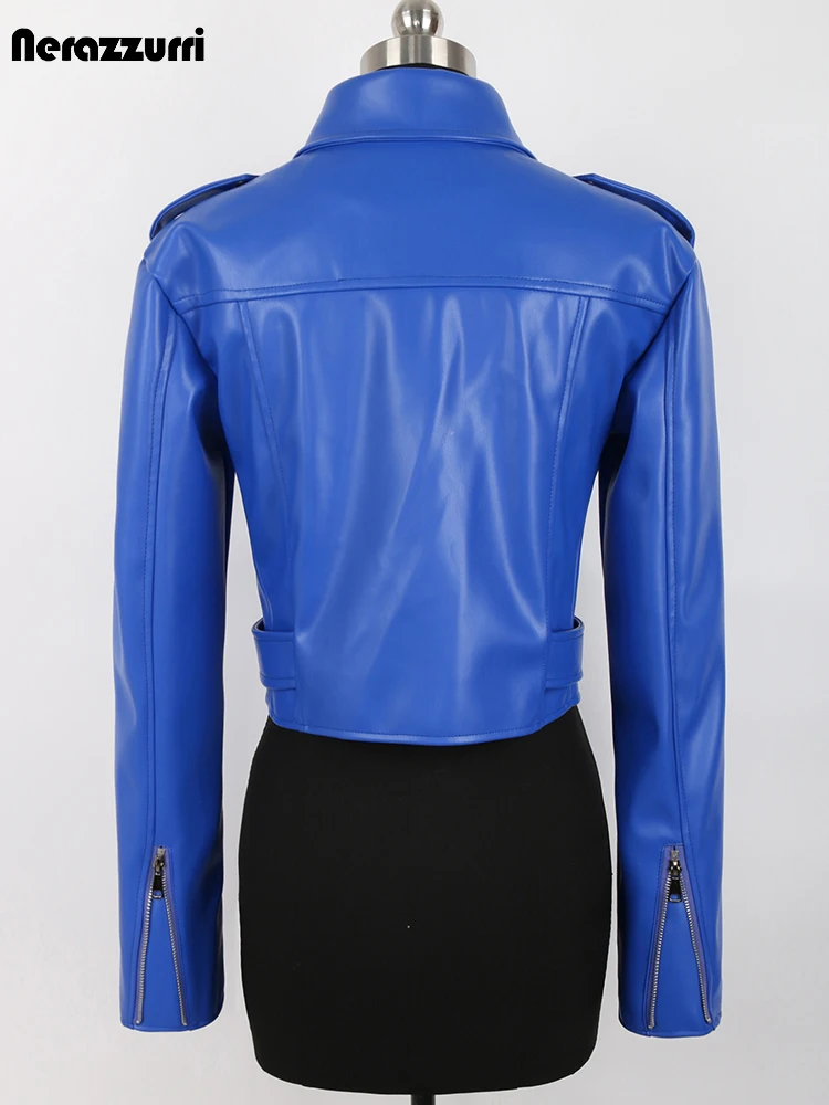 Nerazzurri Frühling Herbst Blau Kühlen Kurze Weiche Faux Leder Biker Jacke Frauen Langarm Gürtel Hohe Qualität Kleidung Mode