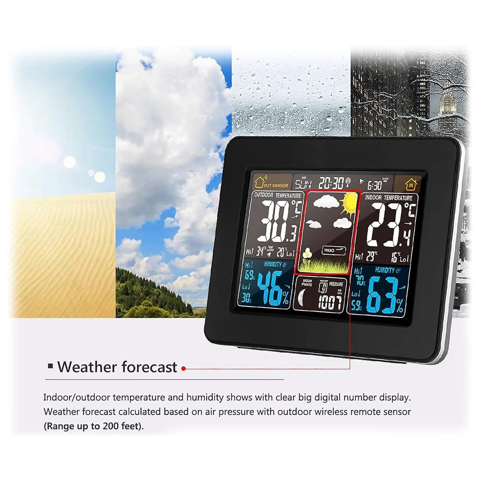 Reloj meteorológico digital en color con sensor inalámbrico para exteriores: monitor de temperatura interior/exterior en tiempo real