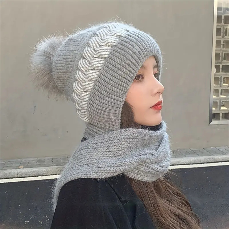 Chapéu de malha tudo-em-um quente de inverno feminino cachecol, confortável à prova de vento elástico ciclismo earmuffs chapéu quente