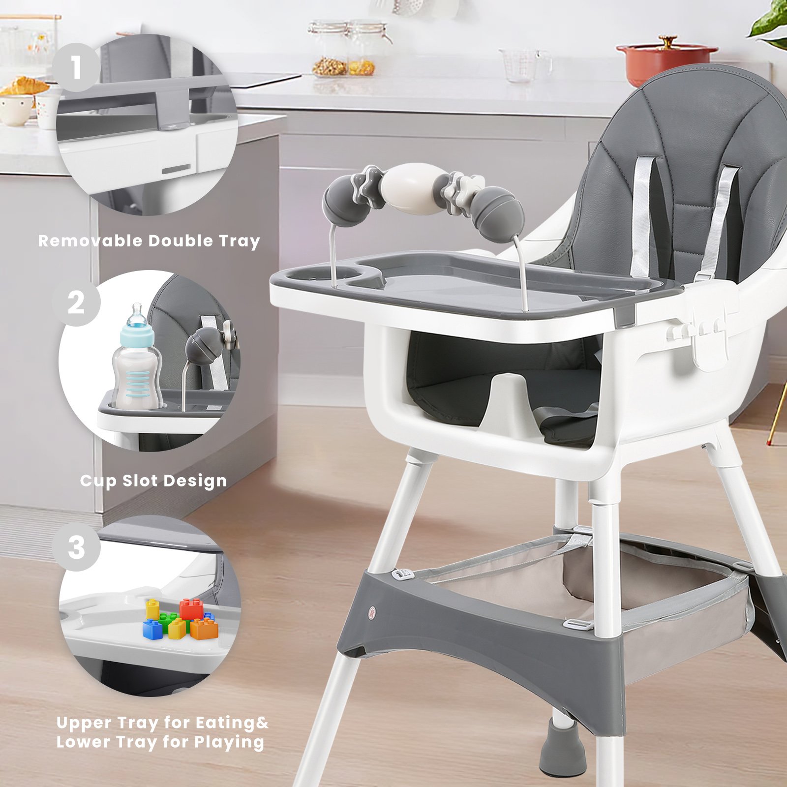 Silla alta para bebé, sillas de comedor portátiles para bebé, silla alta convertible para comer y jugar con plato de cena de doble capa y estante para juguetes