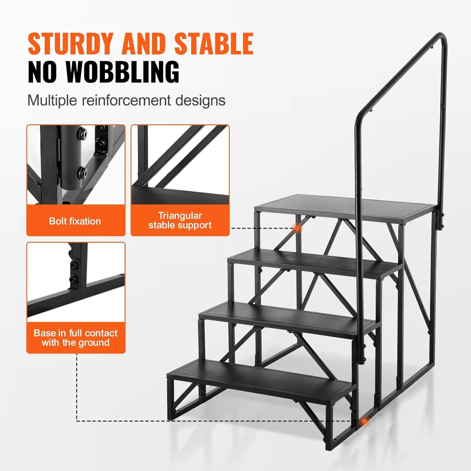 RV Steps, 4-Step RV Stairs, 440 LBS Load Capacity, Thickened Carbon Steel, with Handrail, Non-Slip Steps for Safe Entry and Exit