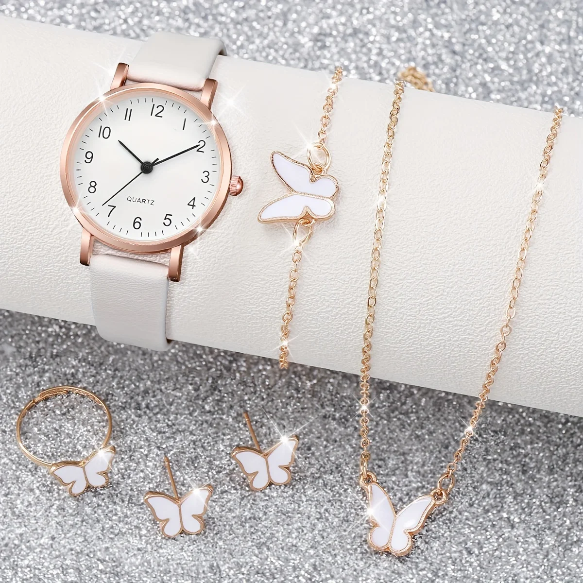6 ชิ้น/เซ็ตผู้หญิงนาฬิกา Casual อาหรับ Dial นาฬิกาควอตซ์ Analog PU นาฬิกาข้อมือหนังชุดเครื่องประดับผีเสื้อ (ไม่มีกล่อง)