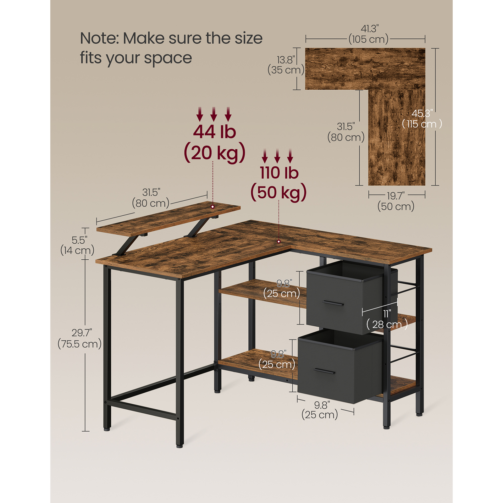 VASAGLE L-Shaped Desk with 2 Spacious Drawers, Gaming Desk with Monitor Stand, Corner Desk, Computer Desk, 115x105x89cm