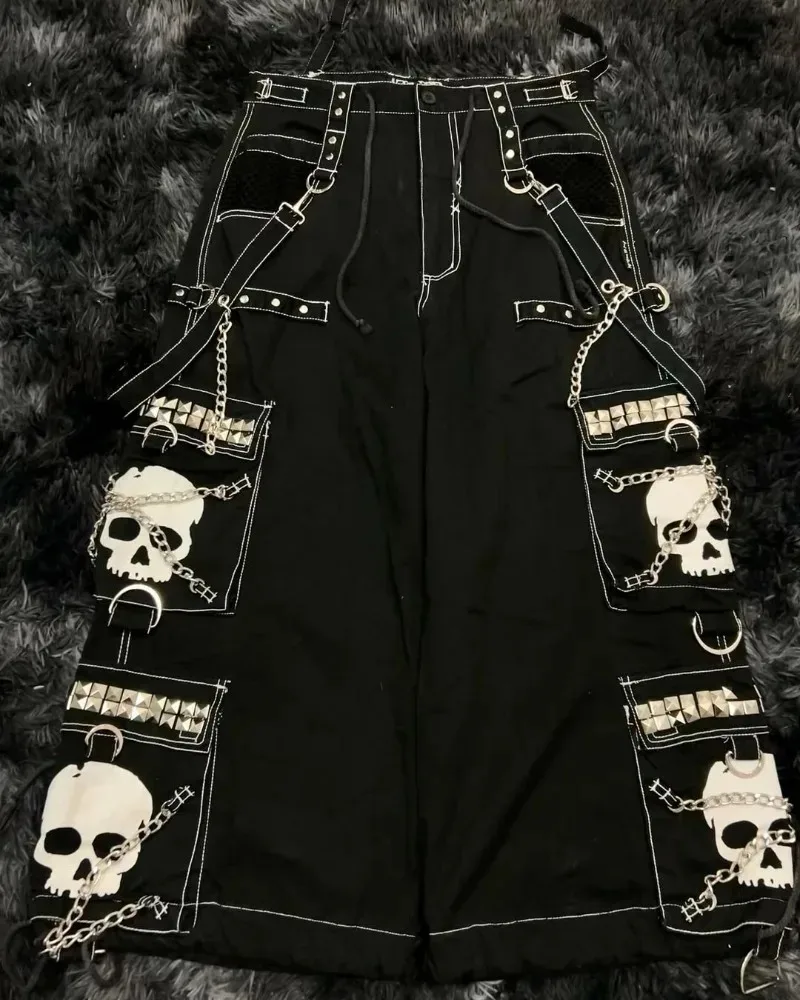 New American high street fashion chain skullbone design wide-leg pants retro Harajuku trendy men jeans rock punk loose pants