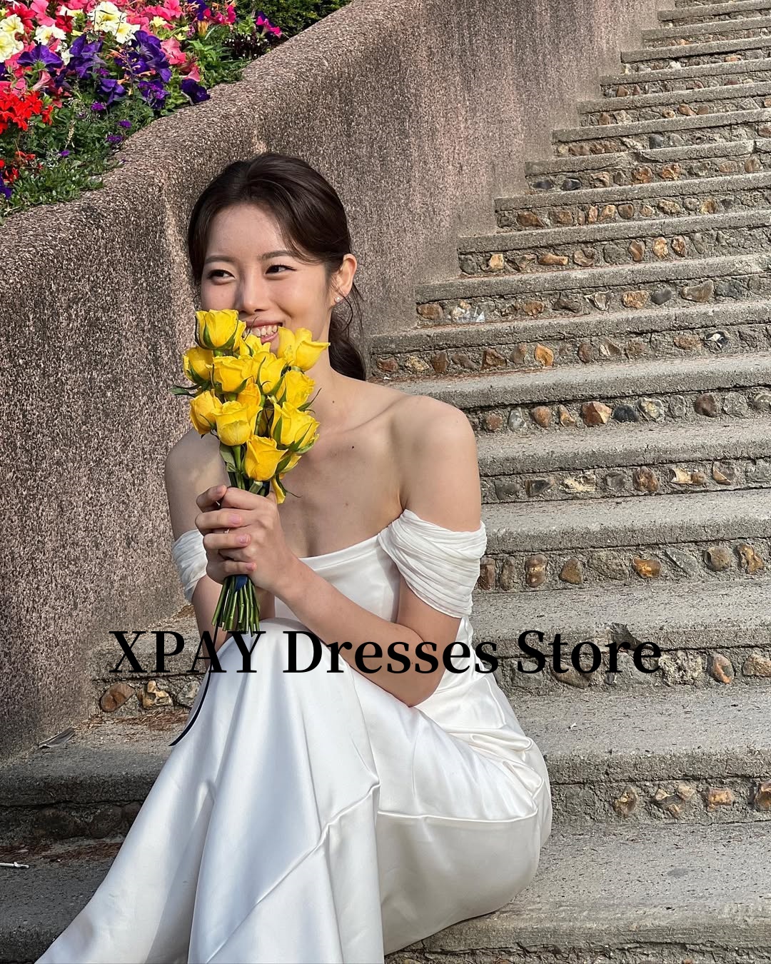 XPAY Abiti eleganti per ricevute di nozze con spalle scoperte Servizio fotografico coreano Abiti da sposa in raso di seta con corsetto sul retro Semplice personalizzato