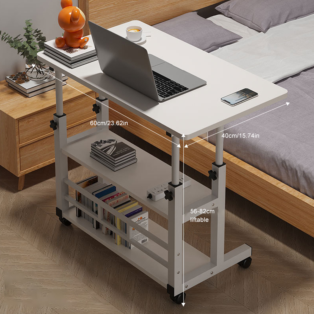 Mobile Laptop Standing Desk Adjustable Bedside Laptop Desk with Rolling Wheels Multi-Layer Storage Shelf Wooden Laptop Table
