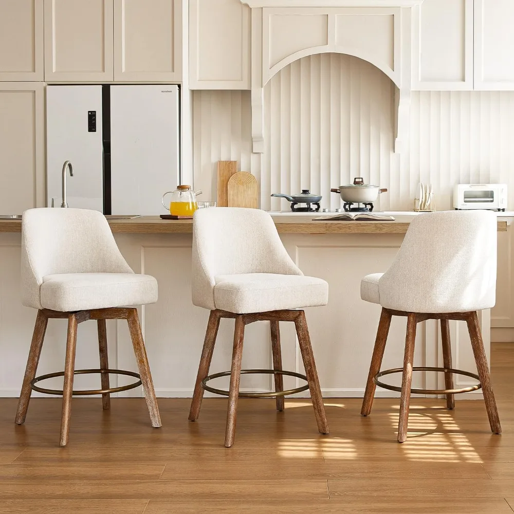 Set of 3 Mid-Century Modern Bar Stools – 26" Counter Height, 360° Swivel & Solid Wood Legs, Wrap-Arm Design​