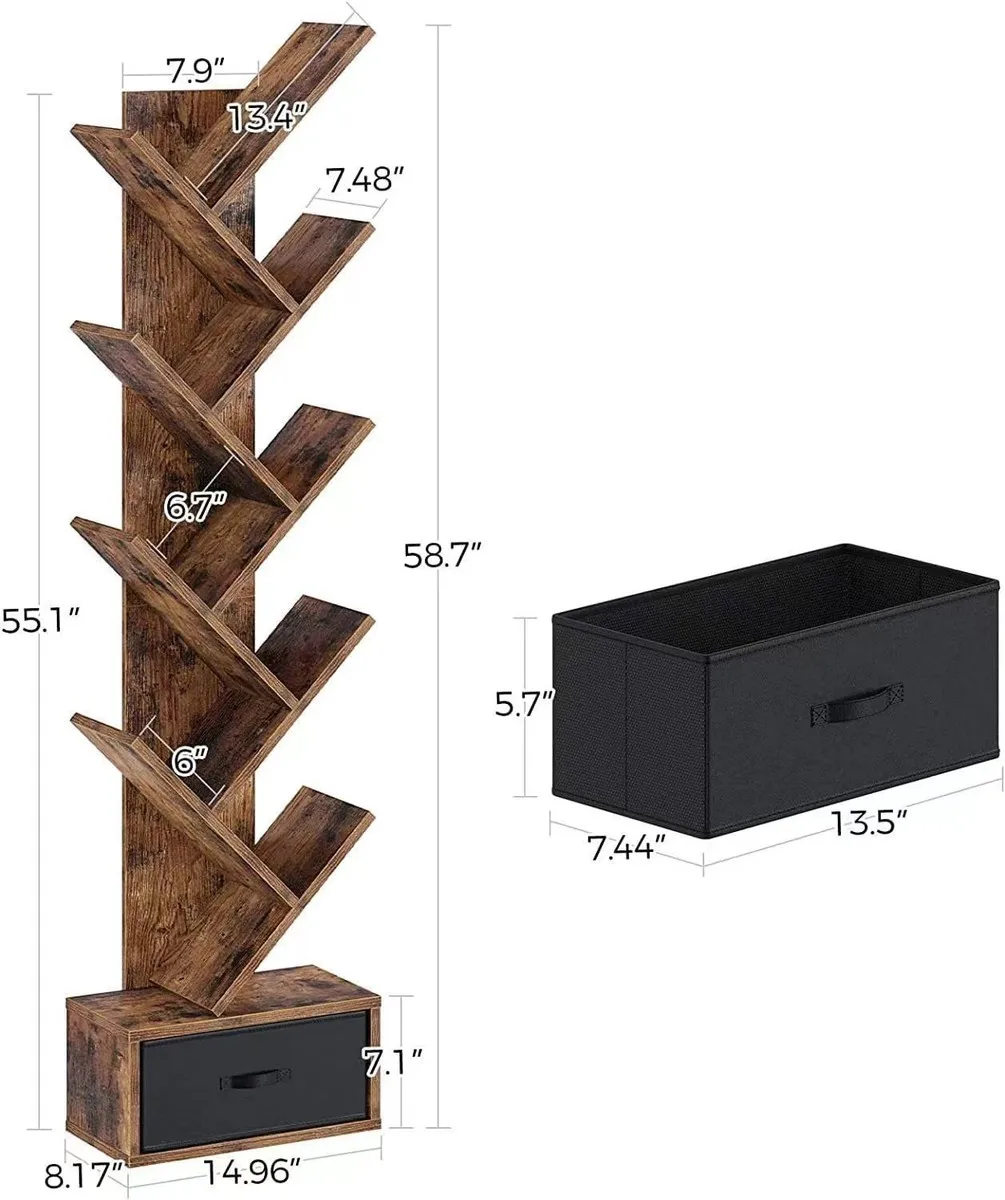 Small Modern Book Storage Rack Kids Bookcases Cabinet Traditional Reading Wooden Tree Bookshelf with Drawers