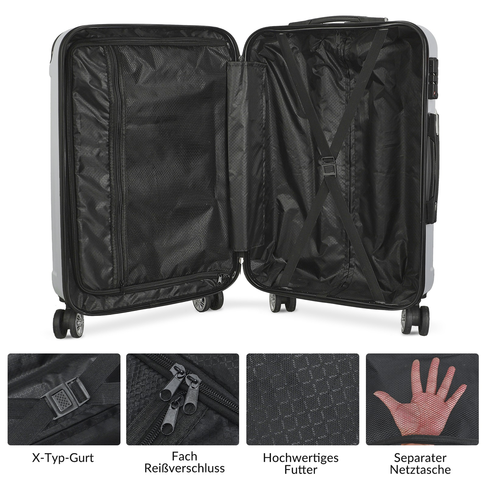 Conjunto Comanlai de 3 malas com trava TSA e rodas universais, bagagem de mão de viagem ABS com suporte de carga portátil, prata