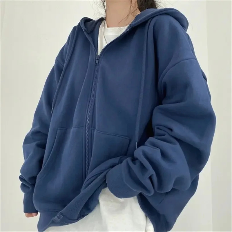 Oversize feminino hoodies casual sólido zip up moletom com capuz harajuku coreano solto casal casaco com capuz streetwear