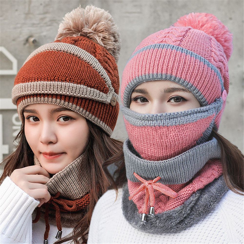 Mascarillas y bufandas de 3 piezas para mujer, gorro cálido para el cuello, conjunto de máscara, gorro de esquí para la nieve, Invierno
