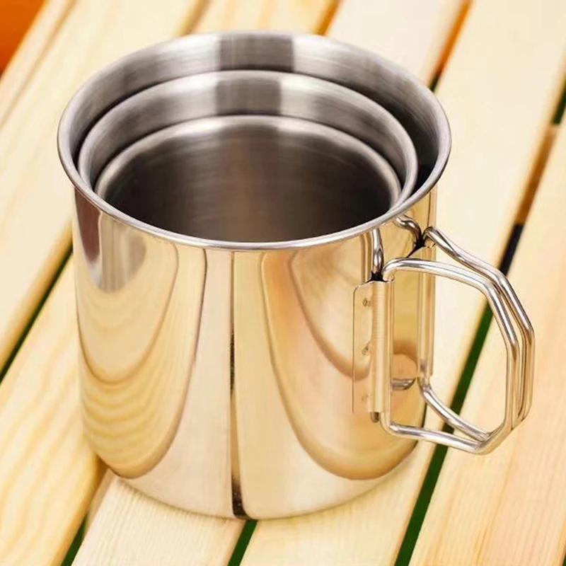 Taza de acero inoxidable con asa plegable, mosquetón portátil, tazas de Camping al aire libre para el hogar, accesorios de Camping al aire libre, 1 ud.