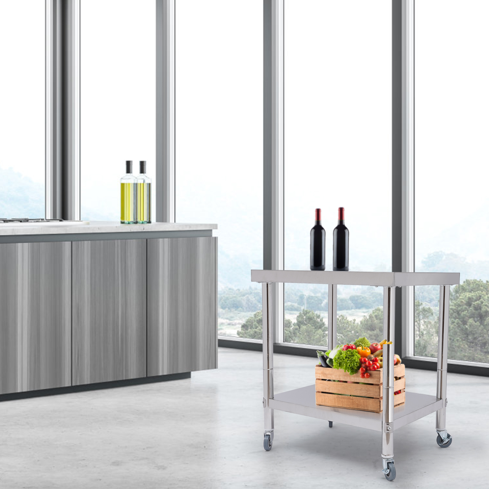Mesa de trabalho de aço inoxidável, bancada de duas camadas com quatro rodízios práticos para preparação de alimentos e armazenamento de itens
