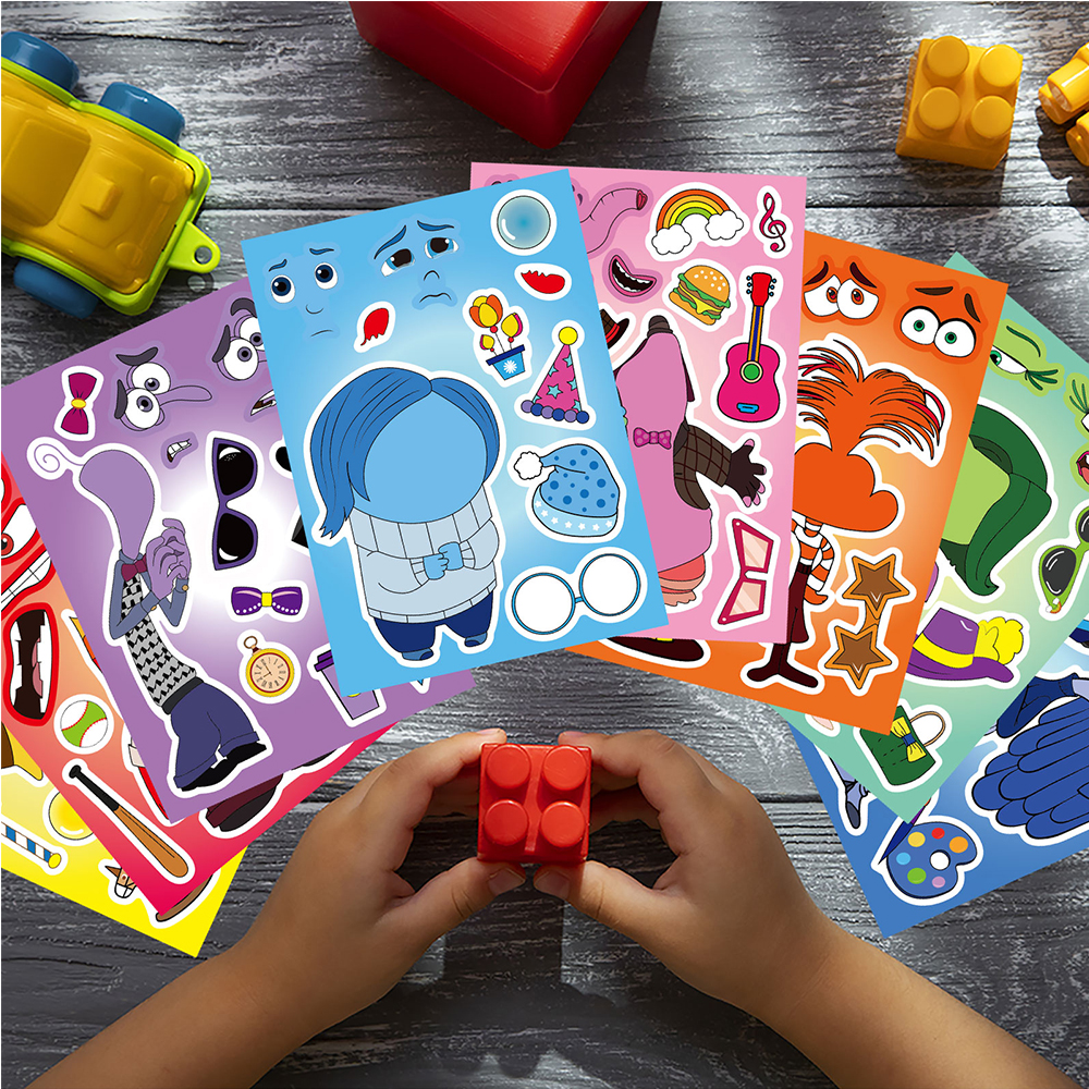 8/16Sheets Disney Inside Out 2 Make A Face Puzzle Stickers Kid Make Your Own DIY Game Children Cartoon Jigsaw Education Toy Gift