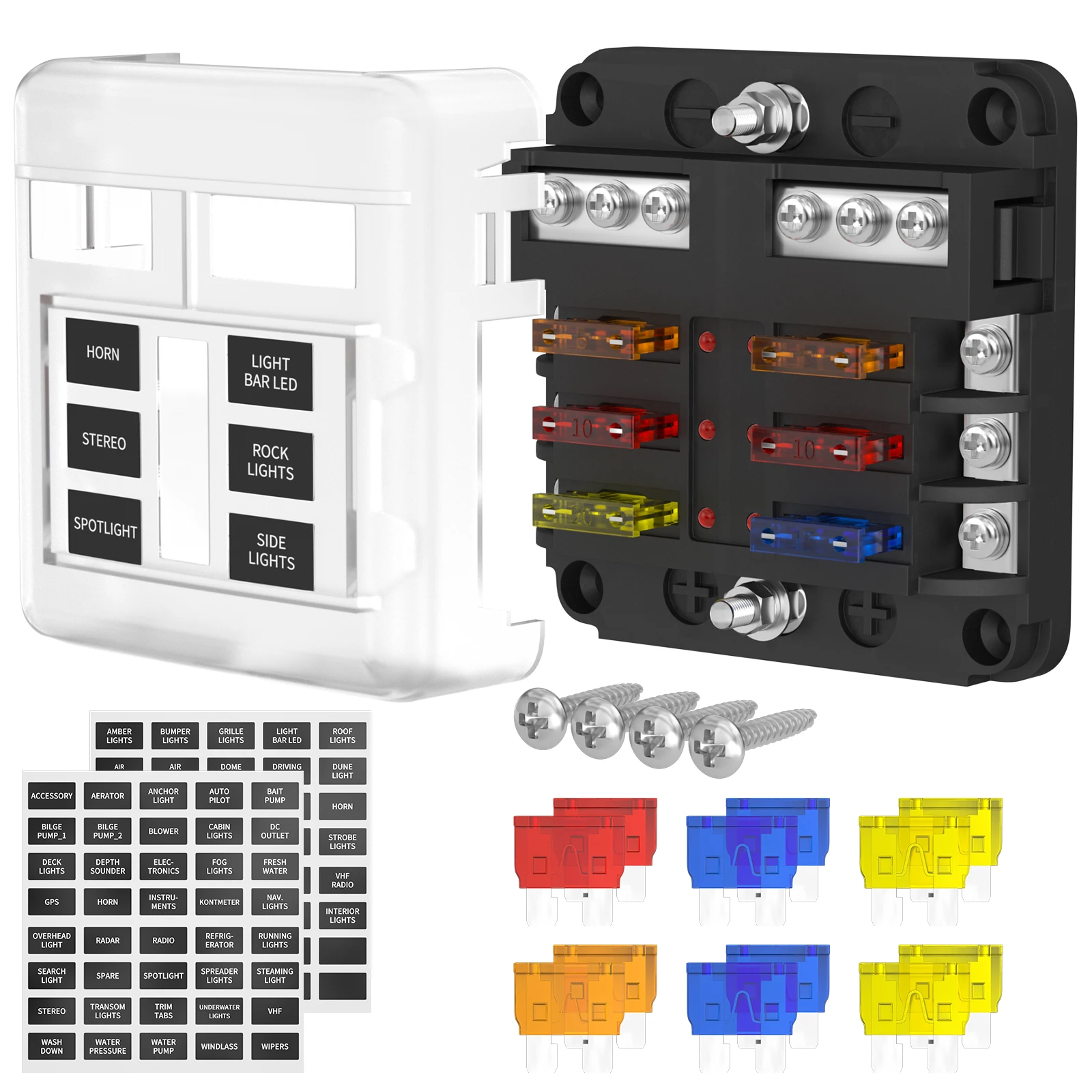 12V 6ウェイブレードヒューズブロック LEDインジケーター付き 防水保護カバーとラベルステッカー 自動車 車 トラック トレーラー用