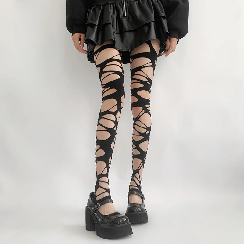 Estilo punk gótico meias menina quente subcultura y2k buraco preto bottoming sexy bandagem envoltório meias liga fishnet meia-calça