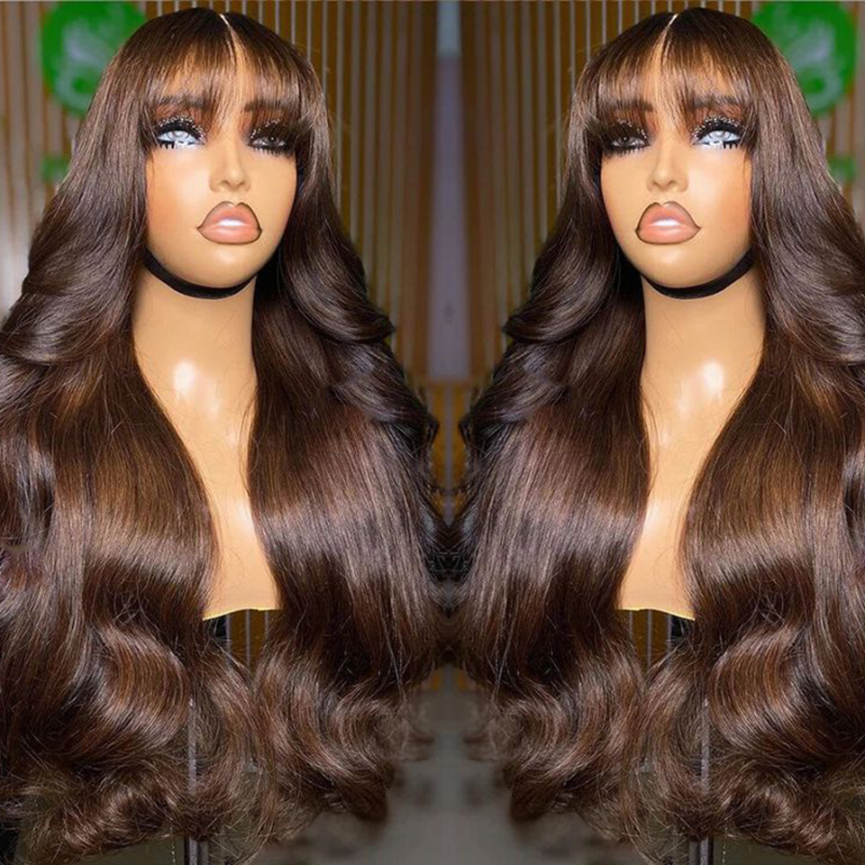 Chocolate marrom 13x6 hd laço frontal peruca de cabelo humano com franja onda do corpo peruca dianteira do laço colorido 4 #   Perucas baratas com estrondo