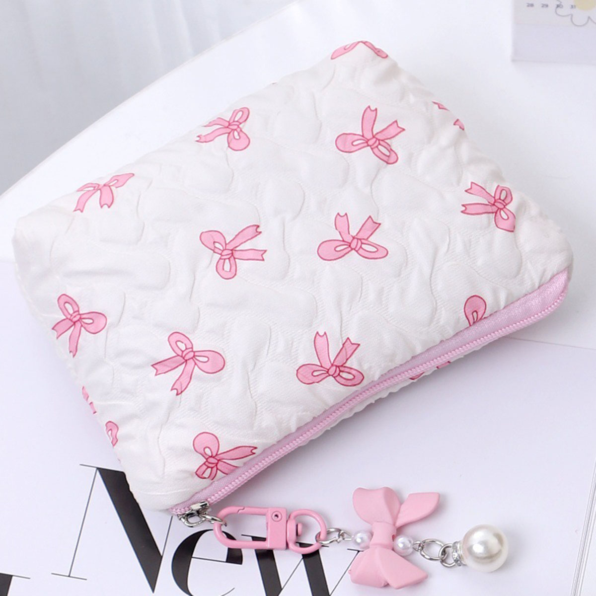 Embroidered bow makeup bag, high appearance level, coin purse storage bag, cute, large capacity, high-end makeup bag