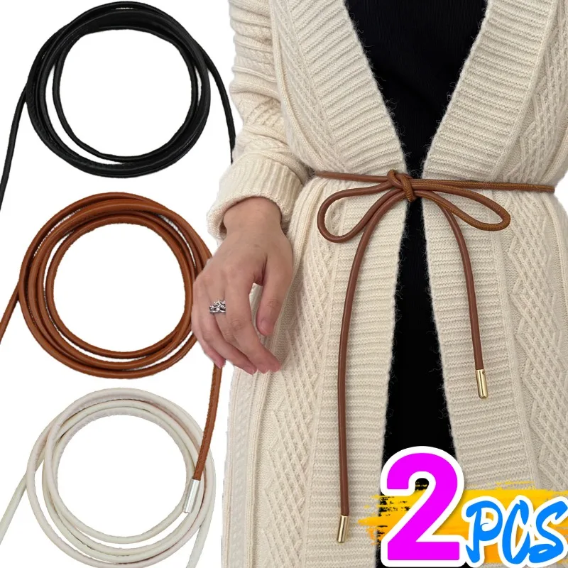 Leather Rope Waist Chain Thin Belt for Women Simple Decoration Tie with Dress Long Waist Rope Knotted Vintage String Waistband