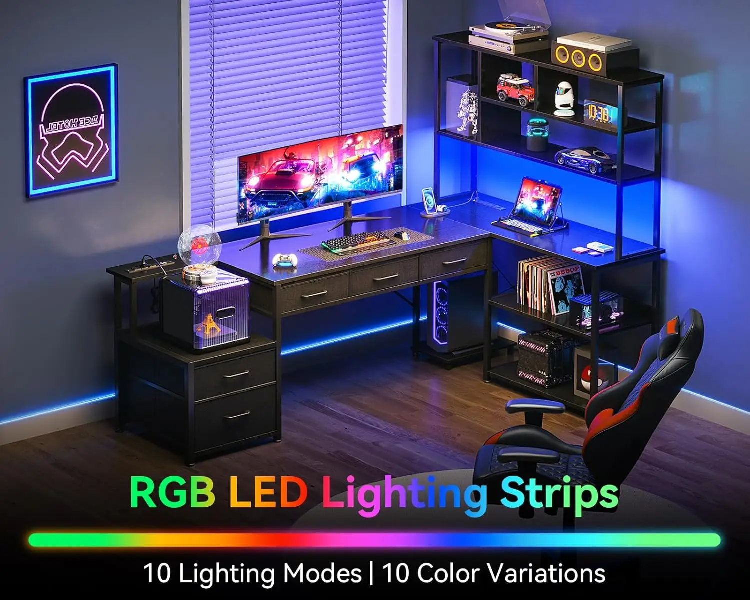 71 inch L Shaped Desk with File Drawers, Reversible L Shaped Gaming Desk with Power Outlets & LED Lights