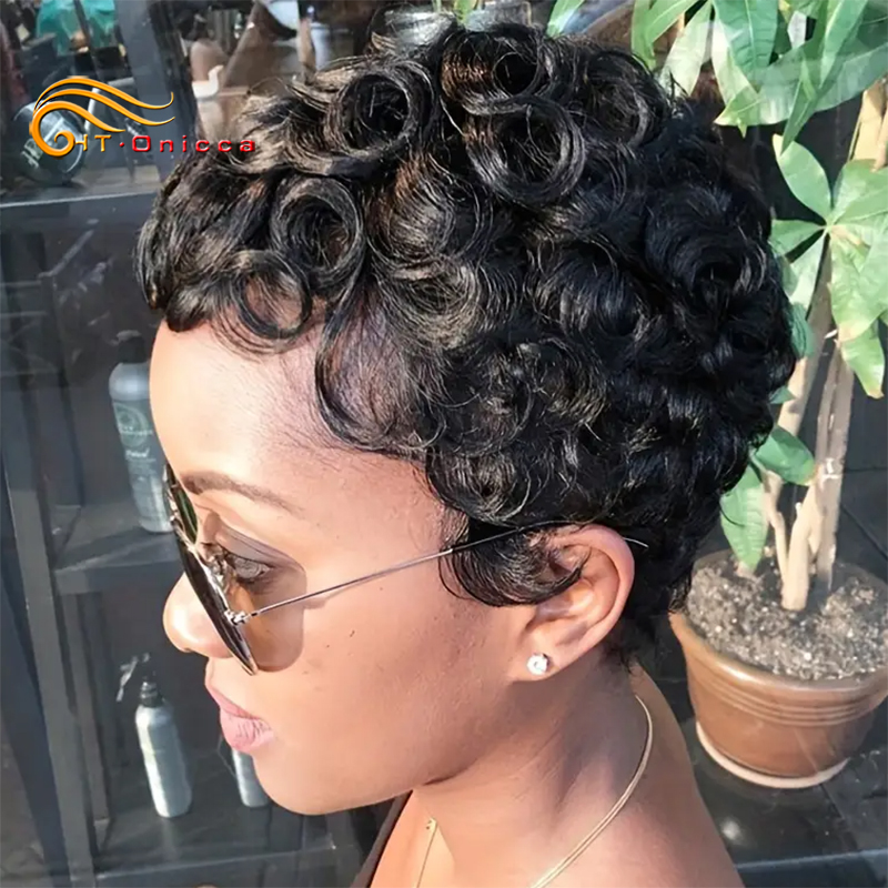 Pixie Cut Pruiken 100% Menselijk Haar Pruiken Kort Krullend Pixie Cut Pruiken Voor Zwarte Vrouwen Volledige Machine Gemaakt Pruik Pixie Krullend Zwart 1B Kleur