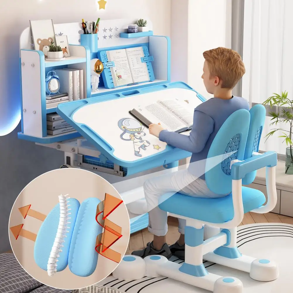 Conjunto de mesa e cadeira de aprendizagem para jovens azuis, mesa de aprendizagem escolar para jovens com altura ajustável e conjunto de cadeiras, com estante