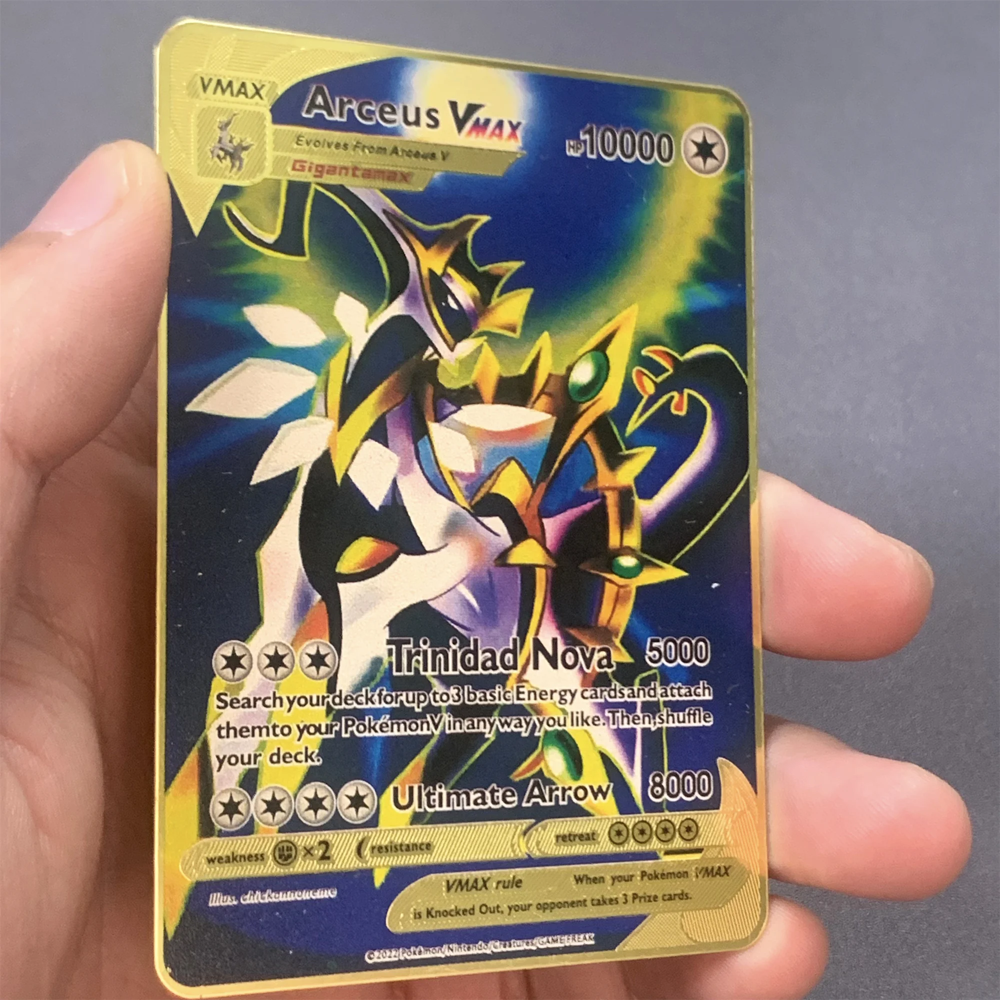 10000 Arceus Vmax DIY Golden Pokemon การ์ดโลหะภาษาอังกฤษเหล็ก Pokmo ตัวอักษร Pikachu Mewtwo GX เด็กของขวัญคอลเลกชันเกมการ์ด