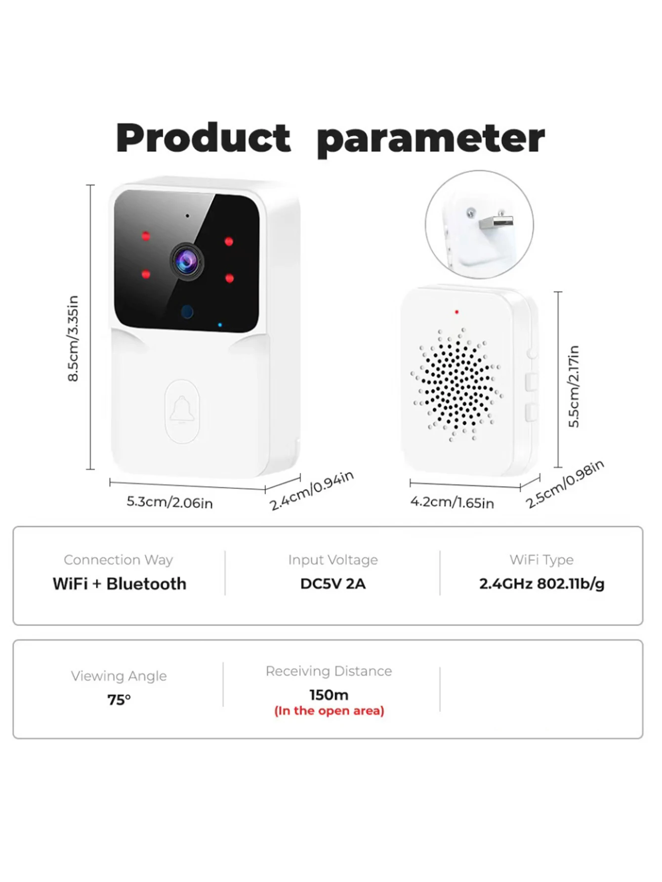 Timbre de vídeo con enlace WIFI de baja potencia, modelo recargable, timbre de visión nocturna, seguridad inteligente HD, 1 arrastre, 1 intercomunicador para el hogar