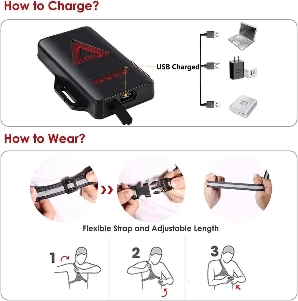 1pc 야외 야간 실행 USB 충전 조명 LED 가슴 램프 캠핑 하이킹 실행 조깅 모험에 대 한 뒤로 경고 빛