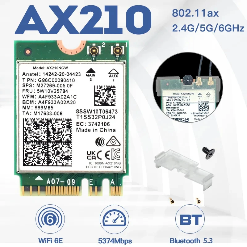 Wi-Fi 6E AX210 AX210NGW, Bluetooth 5,3, 5374Mbps, беспроводная Wi-Fi 6 карта AX200 AC9260 8265 8260 7265 7260 3168 3165 M.2 адаптер