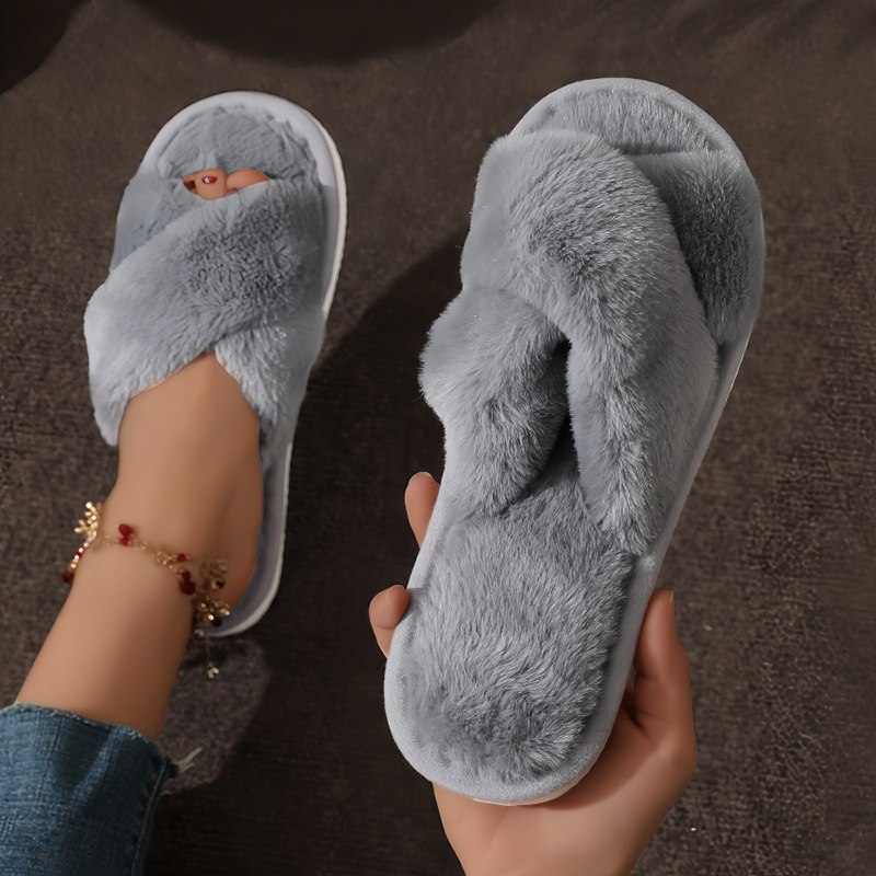 CrissCross Band Plush House รองเท้าแตะสําหรับสตรีเปิดนิ้วเท้า Soft Sole Fuzzy รองเท้าผู้หญิงฤดูหนาว COZY WARM รองเท้าแตะในร่ม