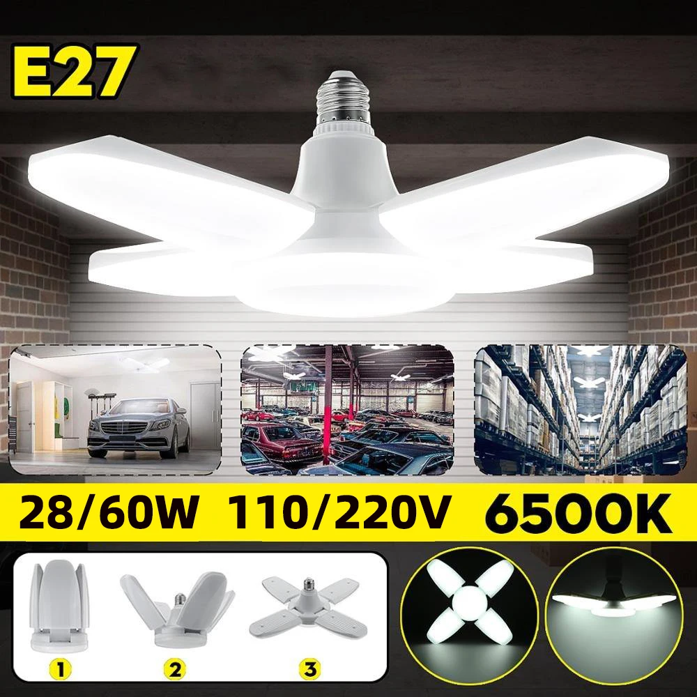 Bombilla LED plegable con forma de ventilador E27, 28/60W, ac220v/110V, deformación para luz de techo del hogar, almacén y garaje, bombilla blanca de 6500K