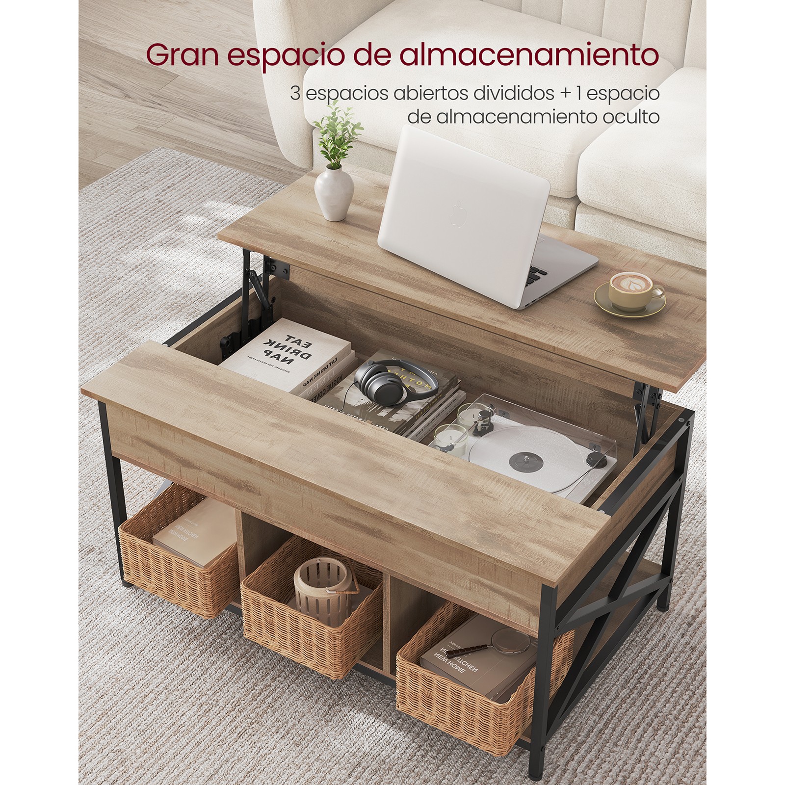 Mesa de centro VASAGLE Lift-Top: almacenamiento abierto/oculto, barras en forma de X. 60x100x(48-62) cm, Marrón rústico/negro. Ideal para sala de estar.