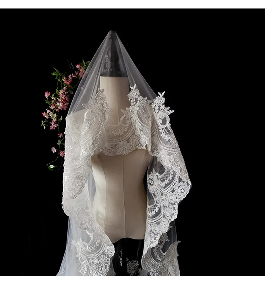Véu de noiva longo, 5m, 4m, 3m, renda, apliques, borda 1 t, tule, catedral, com pente, marfim, branco, voile de novia