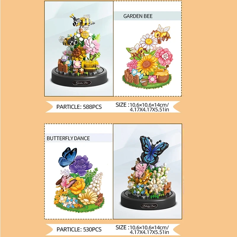 Balody Bee ดอกไม้ผีเสื้อบอนไซ Building Blocks แมลงพืช Potted อิฐฝุ่น DIY ของเล่นเด็กวันหยุดของขวัญ