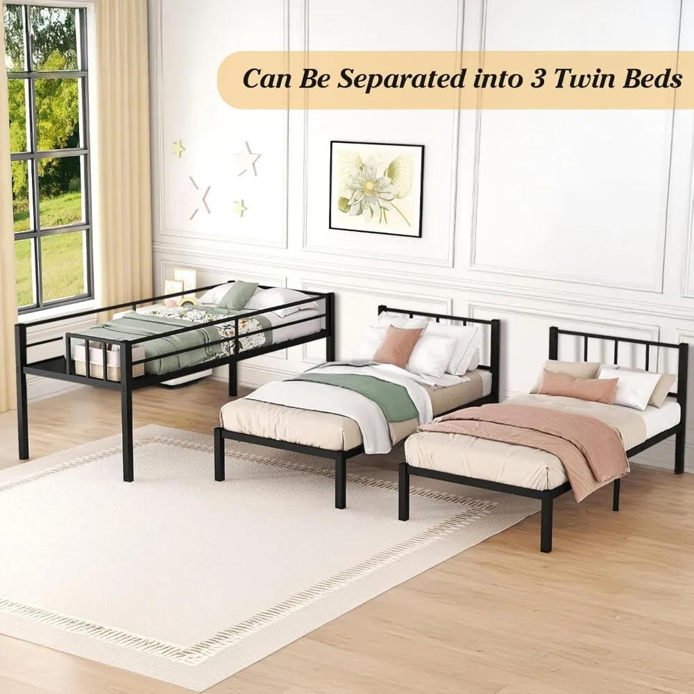 Twin Over Twin & Twin Bunk Beds for 3, Triple Bunk Bed for 3 with Guardrails, Ladder & Upper-Bed Platform, for Children, Teens