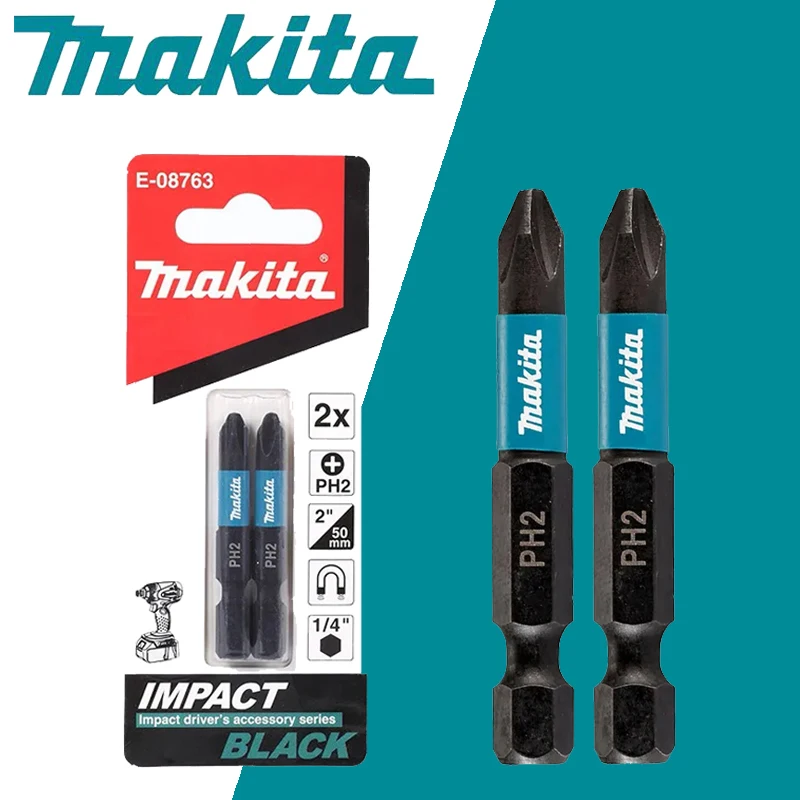 Makita E-08763 1/4 дюйма, черные ударные отвертки PH2, длина 50 мм, 2 шт., магнитная крестовая отвертка, детали, инструменты