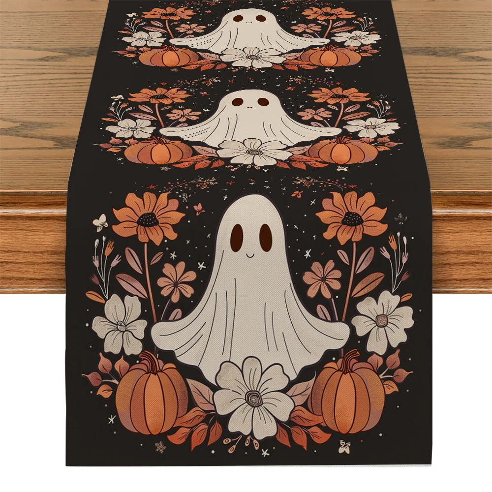Caminos de mesa de crisantemo fantasma bonito de Halloween, decoración de mesa de tocador, camino de mesa de centro de comedor de cocina lavable, decoración de fiesta