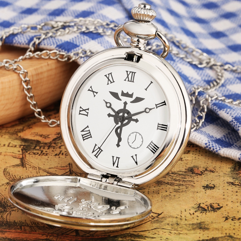 Hohe Qualität Full Metal Alchemist Silber Uhr Anhänger männer Quarz Taschenuhren Japan Anime Halskette Geschenk Reloj De Bolsillo