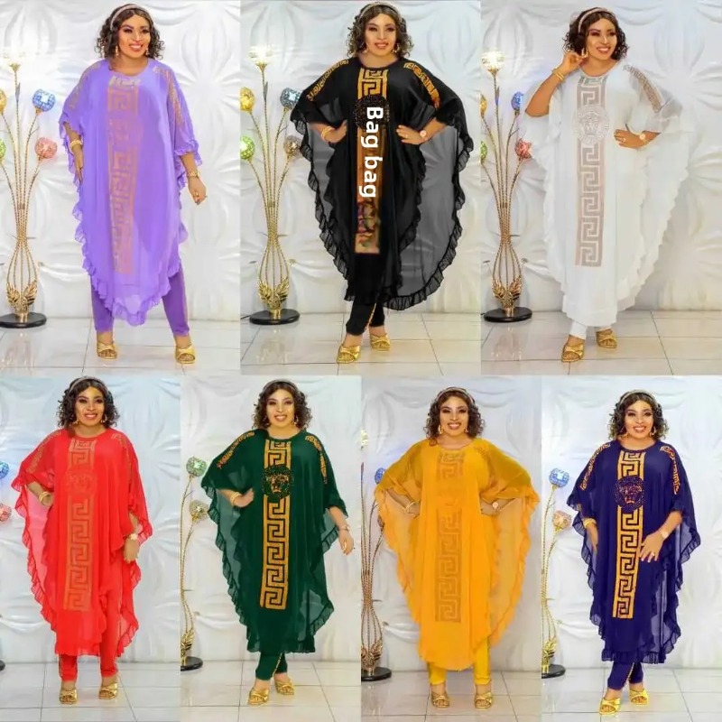Afrikaanse Plus Size Chiffon Middellange Driedelig Pak Ultrafijne Vezel Vijf Mouwen Fly Mouw Chiffon Rok Set