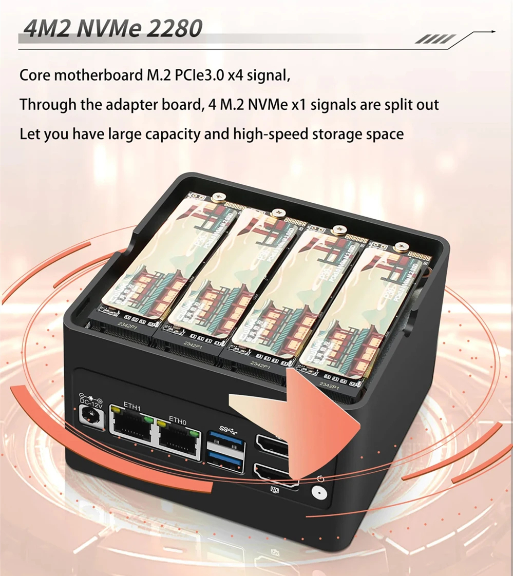 New Pocket NAS Computer 4xM.2 NVMe Slot Firewall Mini PC Intel 3 N355 N305 N150 N100 2xi226-V 2.5G DDR5 4800 2xUSB3.2 2xHDMI2.0